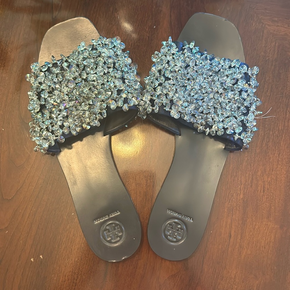 Tory Burch Black Sandals with Sparkling Blue Accents
